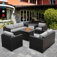 Patio Furniture Sectional Sofa 5-Piece 50000 Btu Propane Gas Fire Pit Outdoor?Wicker?Furniture Set Square Steel Pit Table With No-Slip Cushions Furniture Covers Lava Rock Anti-Splash Mesh, Grey