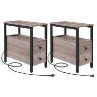 Hoobro Set Of 2 End Tables With Charging Station Narrow Side Table With Drawers Usb Ports Power Outlets Nightstand For Sma