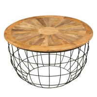 DunaWest Round Mango Wood Coffee Table with Wooden Top and Nesting Basket Frame, Brown and Black(D0102HPTS4W.)