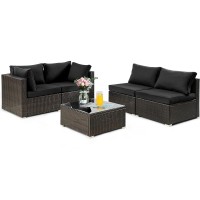 Dortala 5 Pieces Patio Furniture Set, Outdoor Rattan L-Shaped Corner Sofa Set With Cushions, Coffee Table, Patio Sectional Conversation Set For Backyard Porch Garden Poolside, Black