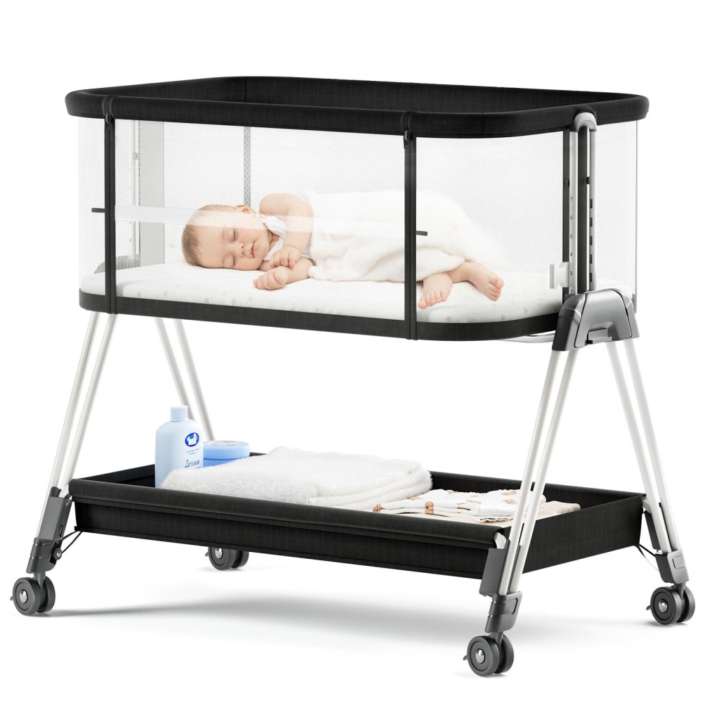 Fodoss Baby Bassinet Bedside Sleeper With Wheels And Storage Tray,4-Sided Mesh Bedside Bassinet Co Sleeper For Infant/Newborn,7 Height Adjustable Easy Folding Bedside Crib