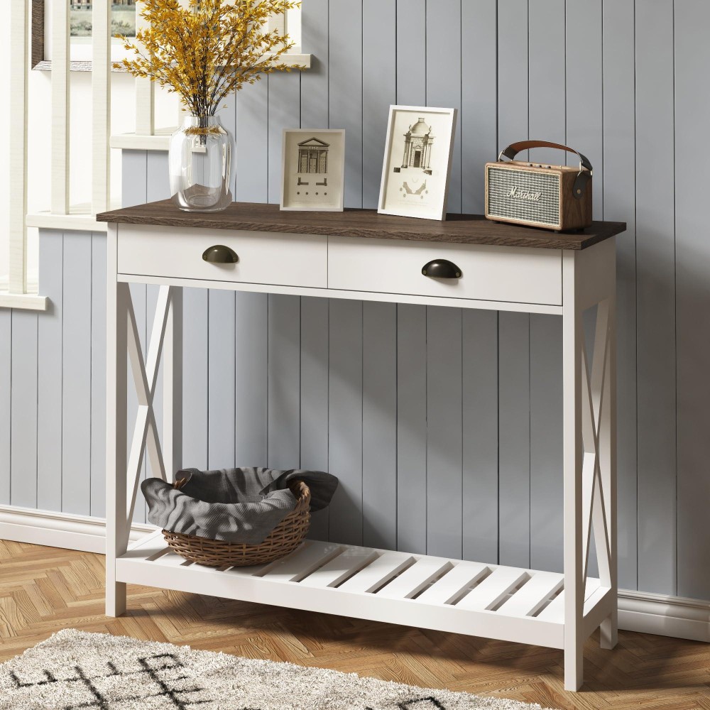 Choochoo Farmhouse Console Table With Drawer For Entryway, Narrow Long Entry Table With Shelf For Living Room, Rustic Vintage Hallway Sofa Table With Stable X Supports, 40 White