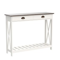 Choochoo Farmhouse Console Table With Drawer For Entryway, Narrow Long Entry Table With Shelf For Living Room, Rustic Vintage Hallway Sofa Table With Stable X Supports, 40 White