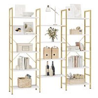 Finetones Triple Wide 5-Tier Bookshelf, Large Industrial Bookcase With Metal Frame, 68.5 X 11.8 X 68.1 In, Tall Open Storage And Display Rack For Home Office, White And Gold