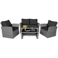 Dortala 4 Pieces Patio Furniture Sets, Outdoor Pe Rattan Conversation Set W/Loveseat, Glass Coffee Table, Cushions, Wicker Sectional Sofa Set For Porch, Balcony, Poolside, Black