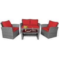 Dortala 4 Pieces Patio Furniture Sets, Outdoor Pe Rattan Conversation Set W/Loveseat, Glass Coffee Table, Cushions, Wicker Sectional Sofa Set For Porch, Balcony, Poolside, Red