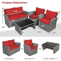 Dortala 4 Pieces Patio Furniture Sets, Outdoor Pe Rattan Conversation Set W/Loveseat, Glass Coffee Table, Cushions, Wicker Sectional Sofa Set For Porch, Balcony, Poolside, Red