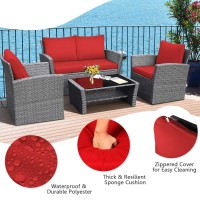 Dortala 4 Pieces Patio Furniture Sets, Outdoor Pe Rattan Conversation Set W/Loveseat, Glass Coffee Table, Cushions, Wicker Sectional Sofa Set For Porch, Balcony, Poolside, Red