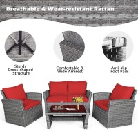 Dortala 4 Pieces Patio Furniture Sets, Outdoor Pe Rattan Conversation Set W/Loveseat, Glass Coffee Table, Cushions, Wicker Sectional Sofa Set For Porch, Balcony, Poolside, Red