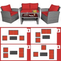 Dortala 4 Pieces Patio Furniture Sets, Outdoor Pe Rattan Conversation Set W/Loveseat, Glass Coffee Table, Cushions, Wicker Sectional Sofa Set For Porch, Balcony, Poolside, Red