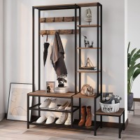 Espelism Hall Tree With Shoe Storage Bench, Coat Rack With 7 Hooks,Interchangeable 4 Tier Side Storage Shelves, Small Cute Side Bench,Industrial 5-In-1 Entryway Coat Rack For Hallway Mudroom Bedroom