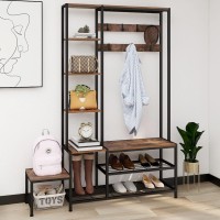 Espelism Hall Tree With Shoe Storage Bench, Coat Rack With 7 Hooks,Interchangeable 4 Tier Side Storage Shelves, Small Cute Side Bench,Industrial 5-In-1 Entryway Coat Rack For Hallway Mudroom Bedroom