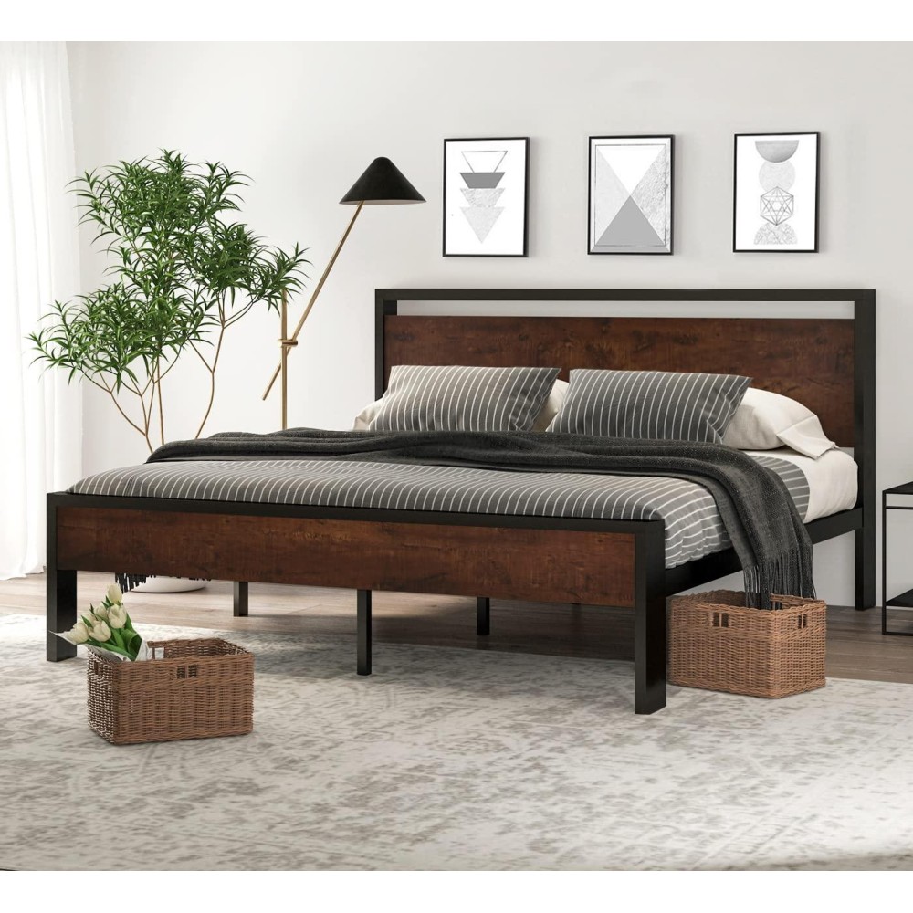 Sha Cerlin 14 Inch King Size Metal Platform Bed Frame With Wooden Headboard And Footboard, Mattress Foundation, No Box Spring Needed, Large Under Bed Storage, Mahogany