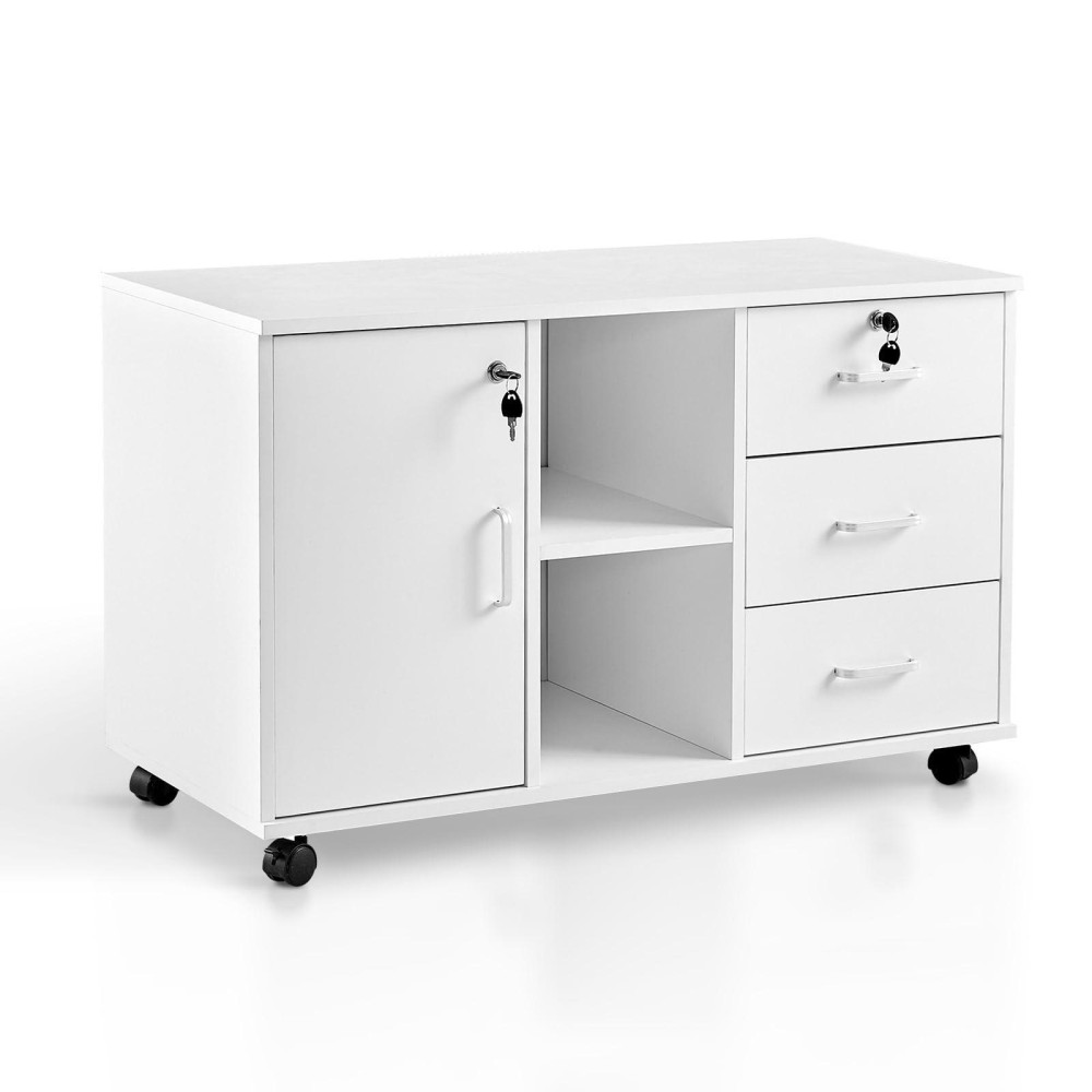 Ofcasa Mobile File Cabinet With 3 Drawers 1 Door 2 Shelves Lockable Office Rolling Cabinet With Wheels Industrial White Wood Storage Filing Cabinet For Home Office 90 X 40 X 55Cm