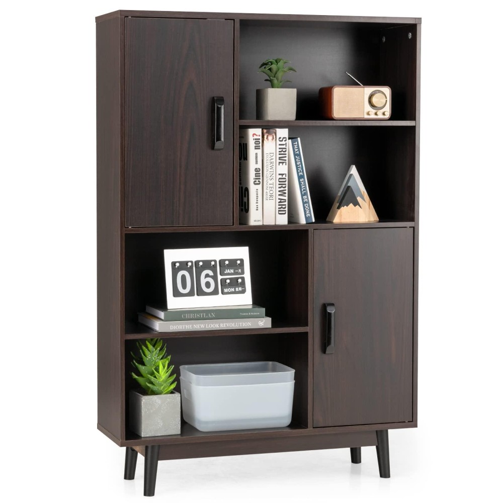 Giantex Storage Cabinet With Legs, Floor Cabinet With Doors, Shelves, Anti-Tipping Device, 4-Tier Bookshelf For Books & Photos, Tall Cupboard In Bedroom, Living Room, Kitchen Buffet Sideboard (Brown)