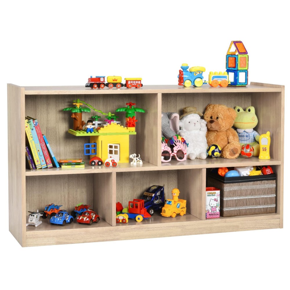 Costzon 2-Shelf Bookcase For Kids, Wooden Toy Storage Organizer For Books Toys, 5-Section Freestanding Classroom Daycare Shelf For Home Playroom, Hallway & Kindergarten (Natural)