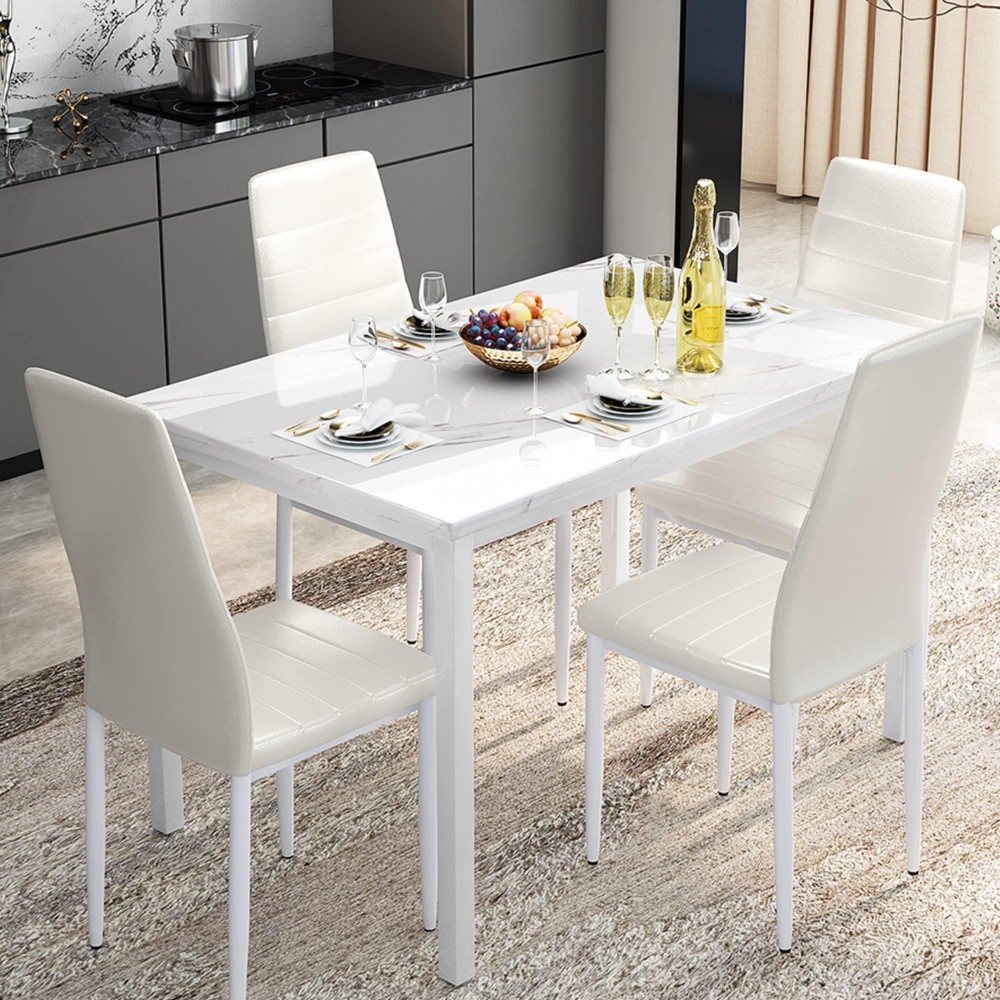 Lamerge Dining Table Set For 4, Marble Kitchen Table And Chairs For 4, Comfortable Pu Leather Chairs,Dining Roomtable Set For Small Space,Living Room, Breakfast Nook,White+White