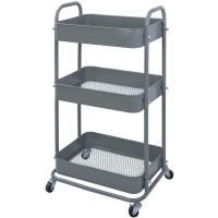 Yohkoh 3-Tier Metal Rolling Utility Cart, Storage Trolley Cart With Mesh Baskets And Lockable Wheels For Bathroom Kitchen Office(Grey)