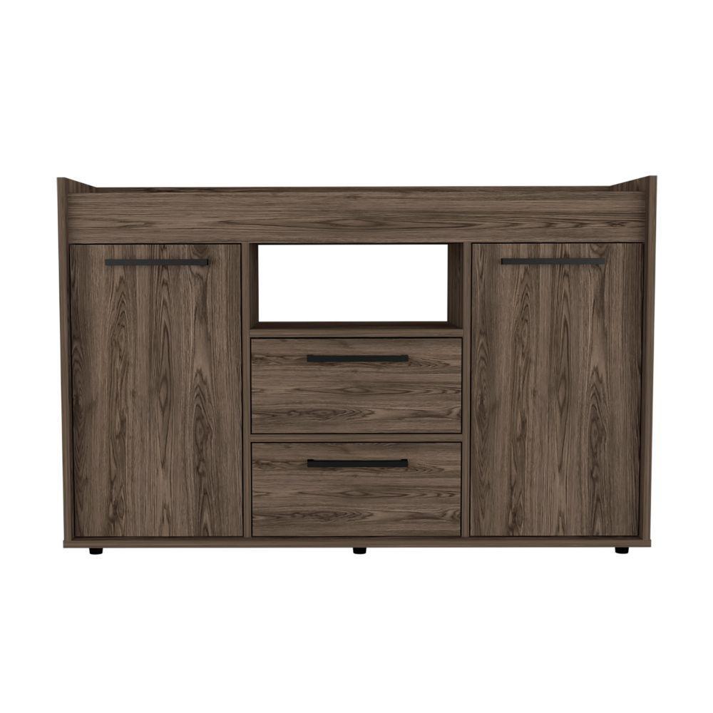 DEPOT ESHOP Hart Sideboard TwoDoor Cabinet One Open Shelf Two Drawers CountertopDark Walnut For Living Room