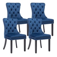 Kcc Velvet Dining Chairs Set Of 4, Upholstered High-End Tufted Dining Room Chair With Nailhead Back Ring Pull Trim Solid Wood Legs, Nikki Collection Modern Style For Kitchen, Blue