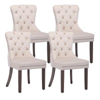 Kcc Velvet Dining Chairs Set Of 4, Upholstered High-End Tufted Dining Room Chair With Nailhead Back Ring Pull Trim Solid Wood Legs, Nikki Collection Modern Style For Kitchen, Beige