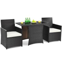 Dortala 3 Pieces Patio Dining Set, Outdoor Rattan Bistro Set With Cushions, Tempered Glass Tabletop, Wicker Conversation Set For Garden Backyard Poolside Porch, White