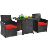 Dortala 3 Pieces Patio Dining Set, Outdoor Rattan Bistro Set With Cushions, Tempered Glass Tabletop, Wicker Conversation Set For Garden Backyard Poolside Porch, Red