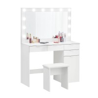 Ofcasa Vanity Desk With Mirror And Lights, With Mirror And Chair & 3 Colors Led Lights Modern Makeup Table, 4 Drawers & Storage Cabinet, Vanity, Bedroom Dressing Dressing Table Set (White)