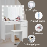 Ofcasa Vanity Desk With Mirror And Lights, With Mirror And Chair & 3 Colors Led Lights Modern Makeup Table, 4 Drawers & Storage Cabinet, Vanity, Bedroom Dressing Dressing Table Set (White)