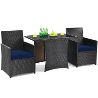 Dortala 3 Pieces Patio Dining Set, Outdoor Rattan Bistro Set With Cushions, Tempered Glass Tabletop, Wicker Conversation Set For Garden Backyard Poolside Porch, Navy