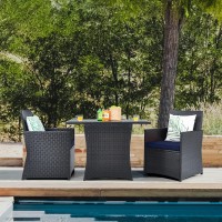 Dortala 3 Pieces Patio Dining Set, Outdoor Rattan Bistro Set With Cushions, Tempered Glass Tabletop, Wicker Conversation Set For Garden Backyard Poolside Porch, Navy