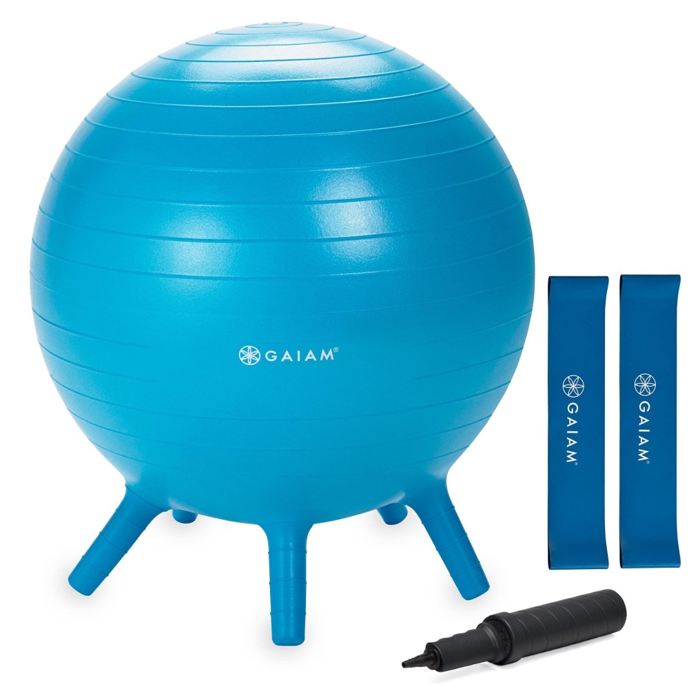 Gaiam Kids Stay-N-Play Ball Children'S Balance Ball Chair With Chair Bands - Flexible School Active Classroom Desk Alternative Seating With Chair Fidget Band - Built-In Stability Legs - 45Cm, Blue