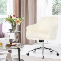 COSTWAY Faux Fur Desk Chair, Fluffy Upholstered Swivel Accent Vanity Chair for Makeup with Adjustable Height, Arm Rest, Rolling Leisure Task Chair on Wheels for Home Office, Beige