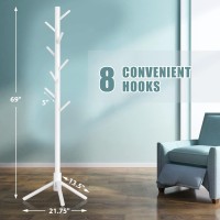 Haddockway Wooden Coat Rack Stand With 8 Hooks New Zealand Pine 3 Adjustable Coat Standing Tree Easy Assembly For Coats Hats S