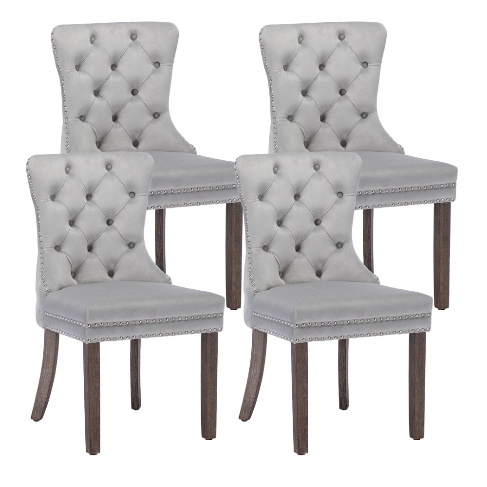 Kcc Velvet Dining Chairs Set Of 4, Upholstered High-End Tufted Dining Room Chair With Nailhead Back Ring Pull Trim Solid Wood Legs, Nikki Collection Modern Style For Kitchen, Light Grey