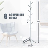 Haddockway Wooden Coat Rack Stand With 8 Hooks New Zealand Pine 3 Adjustable Coat Standing Tree Easy Assembly For Coats Hats S