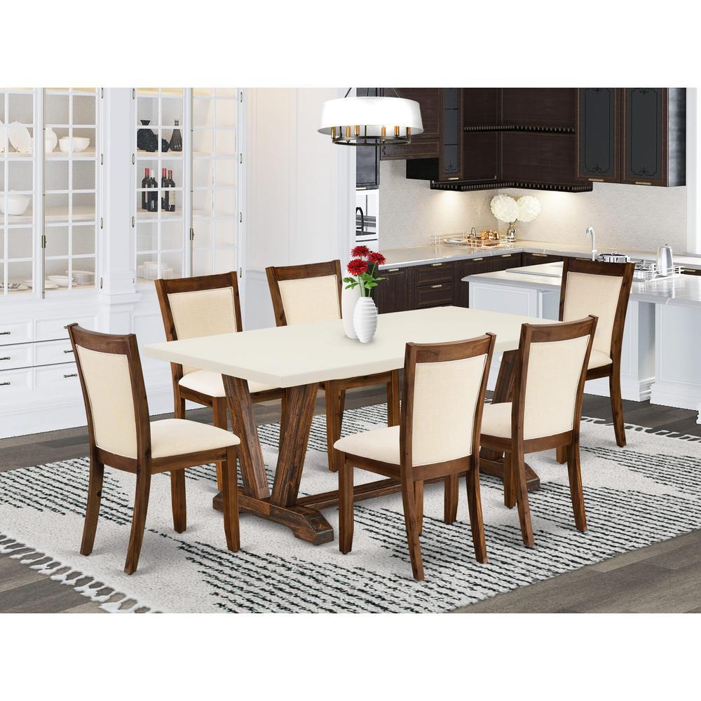 East West Furniture 7Pieces Dining Room Set A Dinning Table with Linen white Top and 6 Light Beige Fabric Dining Chairs with