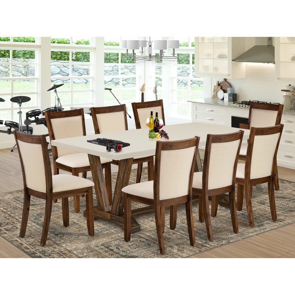 East West Furniture 9Pc Kitchen Table Set A Dining Room Table with Linen White Top and 8 Light Beige Fabric Modern Chairs wit