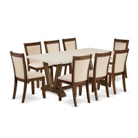 East West Furniture 9Pc Kitchen Table Set A Dining Room Table with Linen White Top and 8 Light Beige Fabric Modern Chairs wit