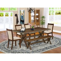 East West Furniture 6Pc Mid Century Dining Set Consists of a Wood Table and a Dinner Bench with 4 Light Beige Linen Fabric Padd