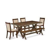 East West Furniture 6Pc Mid Century Dining Set Consists of a Wood Table and a Dinner Bench with 4 Light Beige Linen Fabric Padd