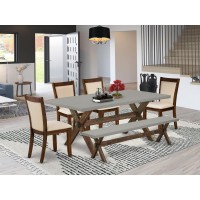 East West Furniture 6Piece Table Set Contains a Dining Table and a Small Dining Bench with 4 Light Beige Linen Fabric Upholster