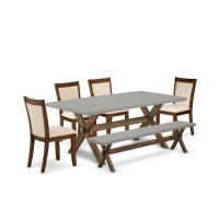 East West Furniture 6Piece Table Set Contains a Dining Table and a Small Dining Bench with 4 Light Beige Linen Fabric Upholster