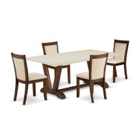 East West Furniture 5Pieces Dining Room Table Set A Dining Room Table with Linen White Top and 4 Light Beige Fabric Dining Ro