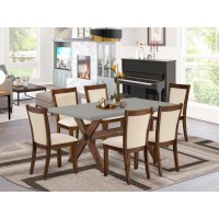 East West Furniture 7Piece Dining Set Includes a Wooden Kitchen Table and 6 Light Beige Linen Fabric Dining Room Chairs with St