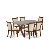 East West Furniture 7Piece Dining Set Includes a Wooden Kitchen Table and 6 Light Beige Linen Fabric Dining Room Chairs with St