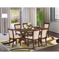 East West Furniture 7Pc Kitchen Table Set Contains a Mid Century Table and 6 Light Beige Linen Fabric Parsons Chairs with Styli