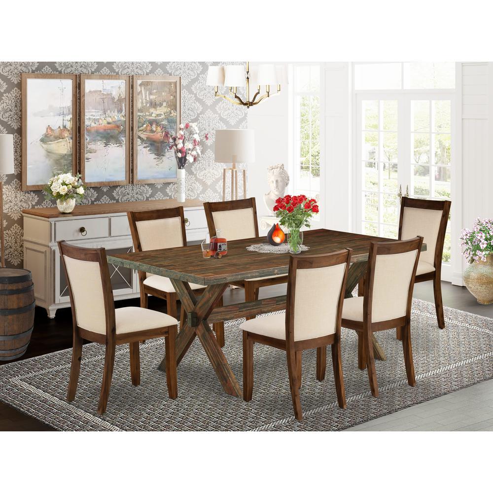 East West Furniture 7Piece Dining Table Set Contains a Wooden Table and 6 Light Beige Linen Fabric Mid Century Dining Chairs wi