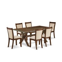 East West Furniture 7Piece Dining Table Set Contains a Wooden Table and 6 Light Beige Linen Fabric Mid Century Dining Chairs wi