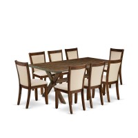 East West Furniture 9Pc Kitchen Table Set Includes a Wooden Dining Table and 8 Light Beige Linen Fabric Mid Century Dining Chai